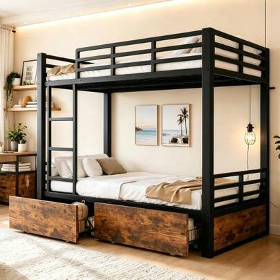 Metal Bunk Bed With Drawers, Space-Saving Children's Bed Storage Bed