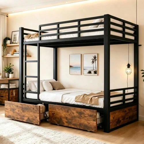 Metal Bunk Bed With Drawers, Space-Saving Children's Bed Storage Bed - 黑色 - 查看 1