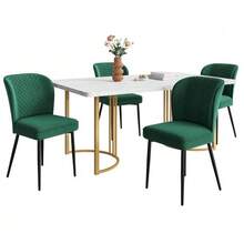 Dining Set (140*80*75cm Dining Table With 4 Chairs), Modern Kitchen Table Set, Dark Green Velvet Dining Chairs, Upholstered Designer Chair With Backrest, White MDF Tabletop, Gold Table Legs - Green - View 1