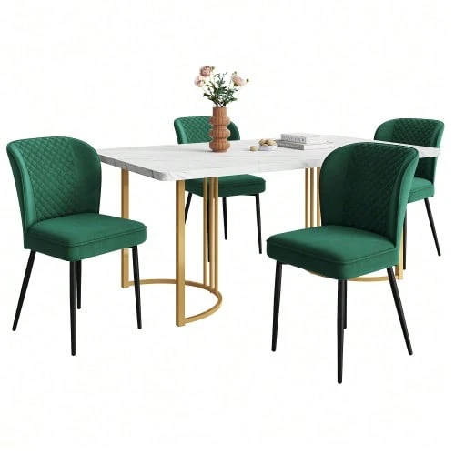 Dining Set (140*80*75cm Dining Table With 4 Chairs), Modern Kitchen Table Set, Dark Green Velvet Dining Chairs, Upholstered Designer Chair With Backrest, White MDF Tabletop, Gold Table Legs - Green - View 1