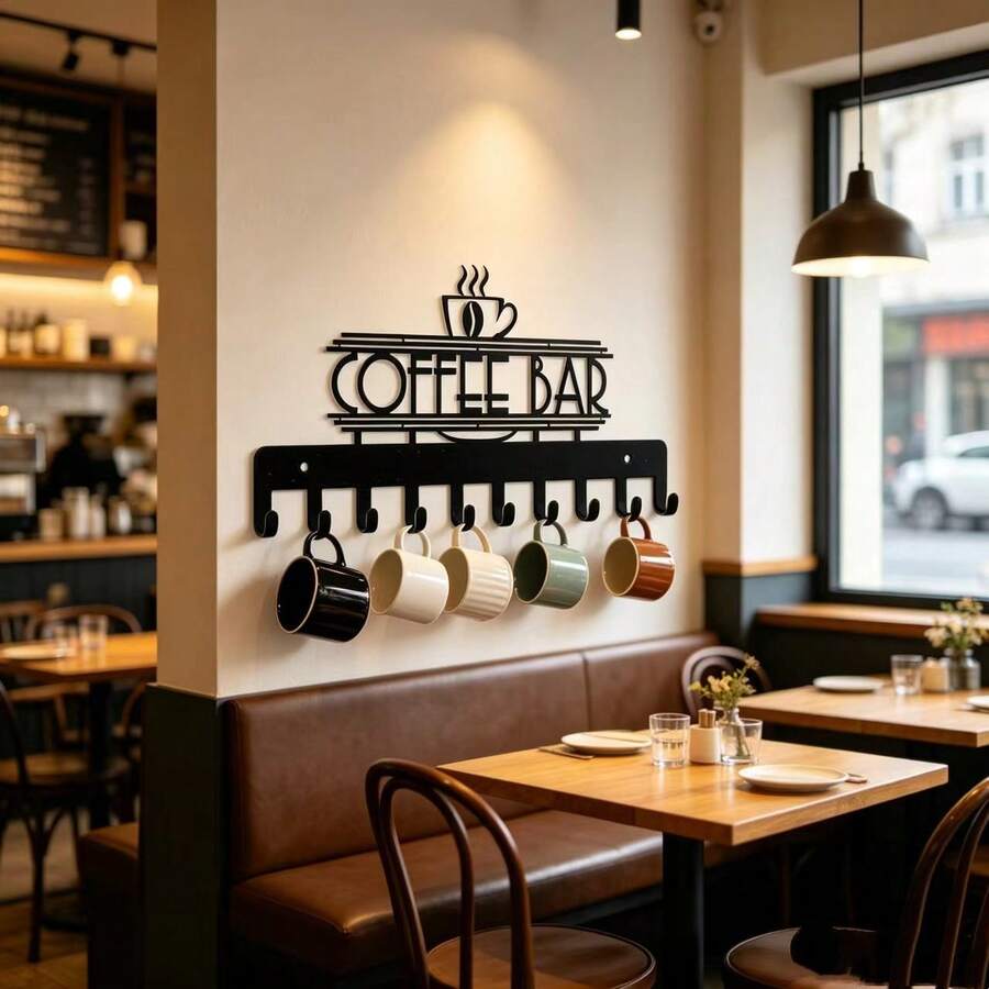 American Style COFFEE BAR Iron Coffee Cup Hooks, Wall-Mounted Multi-Hook Storage Rack, Home Kitchen Restaurant Apron & Utensil Organizer, Commercial Cafe Bar Creative Metal Wall Decor Hooks, Mug Hanging Rack, Home Decor - View 1