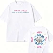 T-Shirt With A Print Of ' New Album, "Kiss All The Time" (2026), High Quality, Harajuku Summer Style, Pure Vintage Style, Unisex, Loose Fit, Cotton, Short Sleeve, Round Neck, Blouses For Women. Casual Blouses For Ladies.  Print.  Print T-Shirt. - 白色 - 查看 7