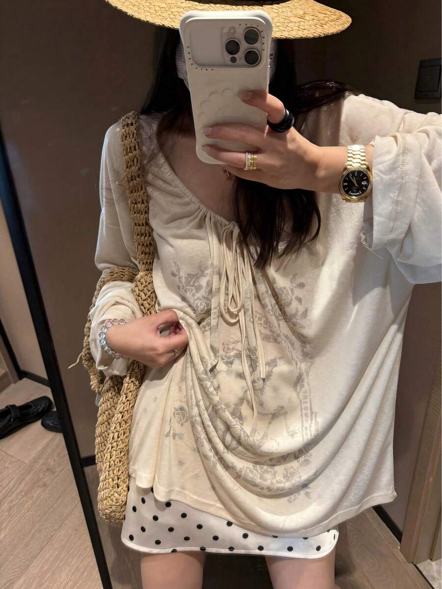Atasan Wanita Musim Semi Desain Longgar Siluet Berlipat Lengan Panjang Pelindung Matahari, Kaos Leher Bulat Baru dengan Tali Serut untuk Liburan - Aprikot - View 1