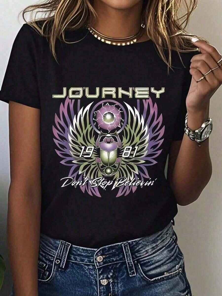Maglietta da donna Journey 1981 Don't Stop Believin' con stampa grafica - Design geometrico vivace, vestibilità rilassata H-Line, maniche corte traspiranti e collo rotondo - nero - Visualizzare 1