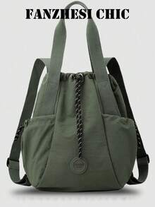 Mochila tipo cubo de nailon suave con cierre de cordón, múltiples bolsillos laterales, decoración de logotipo redondo, uso versátil, bolsa casual para viajes y desplazamientos - Verde militar - Ver 6