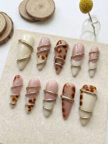 10pcs Handmade Long Pointed Acrylic Press-On Nails, 3D Metal Coil & Tortoise Shell Spotted French Tip, Removable & Reusable Manicure Set (Includes Jelly Glue And Nail File) - Brown Milk White - View 2