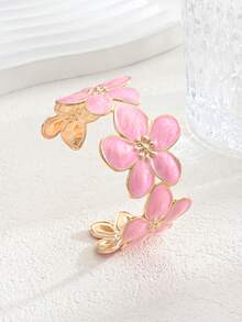 1pc Vintage Elegant Floral Open Cuff Bracelet For Women, Suitable For Daily Wear, Vacation And Date - Pink - View 4
