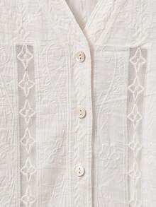 Vacation White Boho Eyelet Cutout Blouse Loose Petal Sleeve Scallop Hem Front Placket Shirt For Summer Street Daily Matching - White - View 10