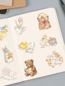 POKOJA LAND 50/100pcs Watercolor Warm Morning PET Stickers, Transparent Warm Color Breakfast Floral Animal Stickers, Rabbit Bear Duck Cat Bread Jam Flower Window Decal Set, Suitable For Planner, Phone Case, Laptop, Scrapbook Aesthetic Decoration - Multicolor - View 8