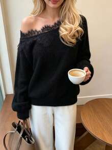 女款露肩蕾絲飾邊針織長袖優雅套頭上衣，適合秋季穿搭，黑色 - 黑色 - 查看 3