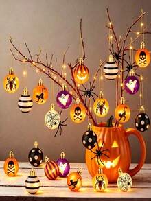 8pcs/16pcs/24pcs Set Flat Wooden Ball Ornaments, Suitable For Halloween Decoration, Including Ghost, Spider, Pumpkin And Skull Patterns; Suitable For Haunted House Decoration, Halloween Party Tree Ornaments, Window Display And Atmosphere Props - Multicolor - View 2
