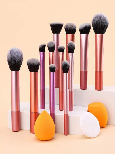 2pcs Multi-Functional Makeup Brush Set, Including Powder Brush, Blush Brush, Foundation Brush, Eyeshadow Brush, Blending Brush, Contour Brush, Angled Brush, Round Head Brush And White Powder Puff