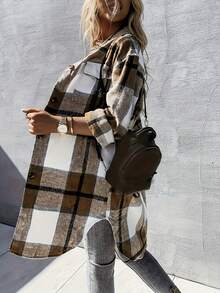 Fall Outfits, Brown White Plaid Oversized Long Flannel Shirt Jacket, Lapel Pocket Button Down Loose Shacket Coat - Khaki - View 4