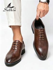 Salkin 經典復古設計師男士正式繫帶牛津皮鞋，適合現代生活的平價奢華，布洛克軟皮透氣尖頭正裝鞋，商務社交鞋，優雅紳士日常辦公派對婚禮新郎，適合情侶約會浪漫晚餐，節日禮物，返校季學生鞋，學院風，四季皆宜，請選擇大一號 - 棕色 - 查看 9