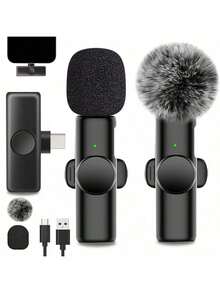 Wireless Lavalier Microphone For Smartphones, Type-C Interface, Plug And Play, 2.4G Ultra-Low Latency, Built-In Noise Reduction Chip, Suitable For Video Recording, Interviews, Podcasts, Vlogs, 50mAh Rechargeable Battery - Black - View 3