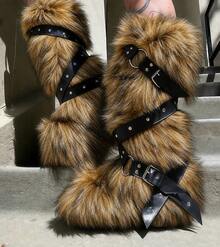 Winter Knee High Boots Pull-On Faux Fur Boots Furry Fluffy Round Toe Strap Boots For Women Comfy Plush Warm Outdoor Shoes Punk Party Dressy Women - 棕色 - 查看 1