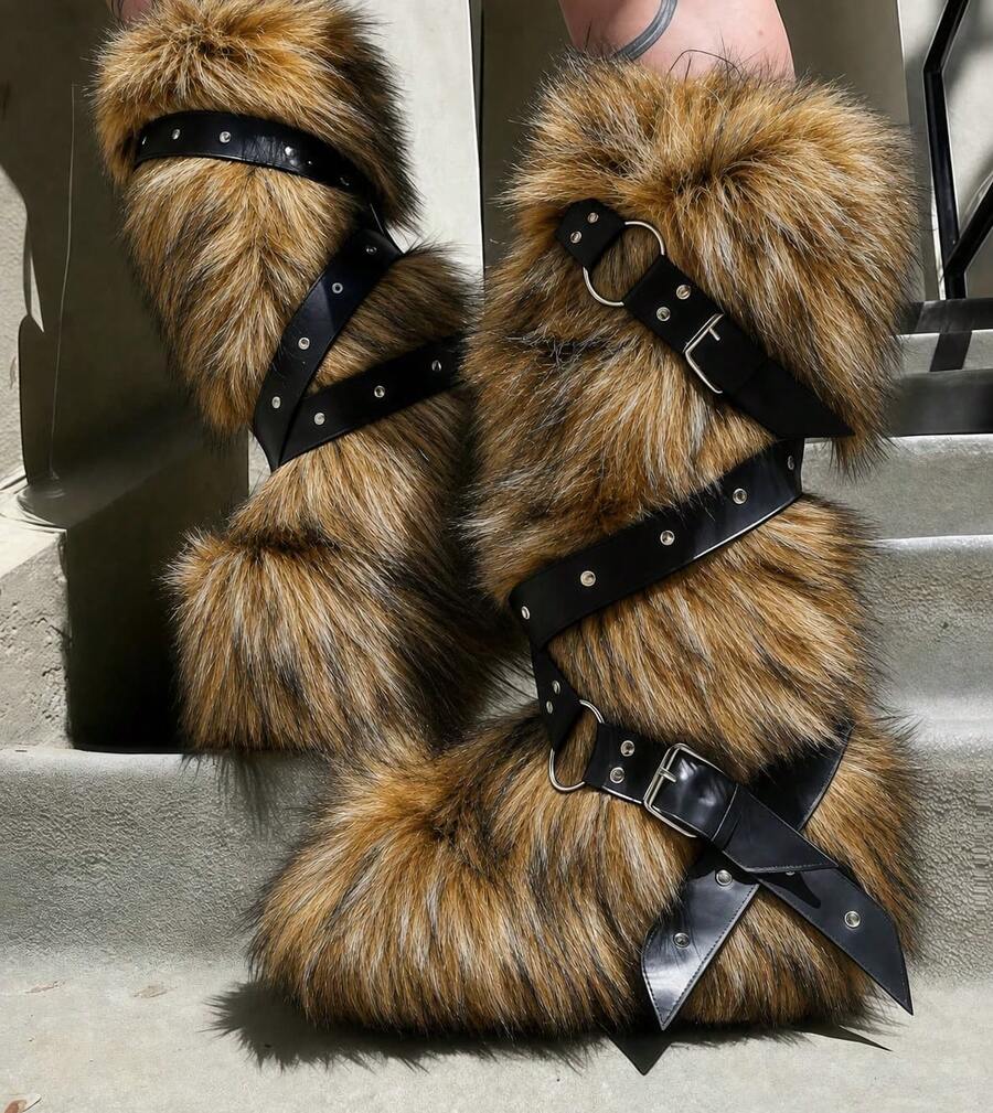 Winter Knee High Boots Pull-On Faux Fur Boots Furry Fluffy Round Toe Strap Boots For Women Comfy Plush Warm Outdoor Shoes Punk Party Dressy Women - 棕色 - 查看 1