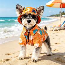 2pcs Dog Summer Sun Protection Set, Breathable Hawaiian Floral Shirt + UV Protection Sun Hat, Beach Vacation Outfit For Small And Medium Dogs - Orange - View 5