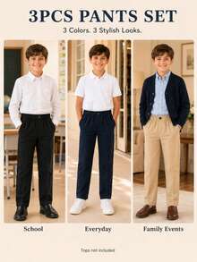 3-Pack Classic Versatile School Style Long Pants For Boys Of All Ages, Suitable For Weddings, Parties, Performances, Daily Wear, School And Other Occasions - Multicolor - View 3