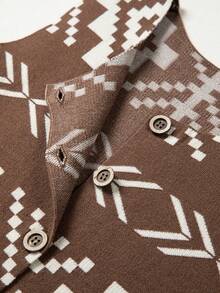 Acelitt Rompi Rajut Kasual Tanpa Lengan Kancing Depan Terbuka Motif Geometris Jacquard Dasar Cokelat untuk Wanita - MultiWarna - View 7