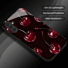 Phone Case: Scarlet Cherry Talk 2025 New Black Tempered Glass Phone Case For Samsung S25 Ultra/S25/Galaxy S24/S24 FE/S24 Plus/S24 Ultra/S23/S23 FE/S23+/S23 Ultra/S22/S22+/S22 Ultra/S21/S21+/S21 Ultra/S20 - Black - View 2