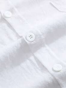 Men's Stand Collar Rolled Sleeve Linen White Shirt, Casual Vacation Pool Bar Resort Top - White - View 9