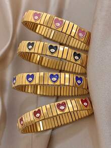 1Pc/Set Golden Stainless Steel Retro Evil Eye Heart Enamel Charm Stretch Bangle Bracelet For Women,Y2K,Daily/Boho/Party,Christmas, Valentine Birthday - Multicolor - View 1