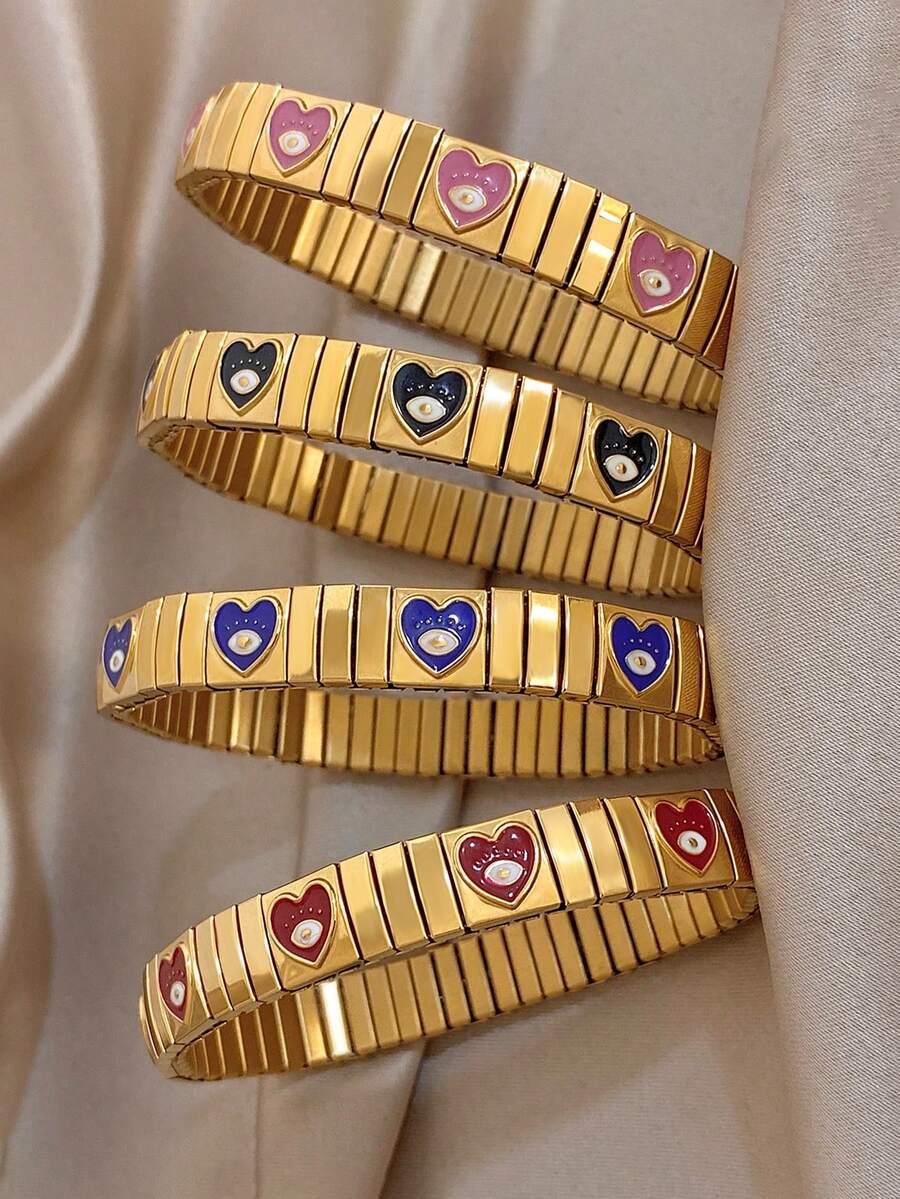1Pc/Set Golden Stainless Steel Retro Evil Eye Heart Enamel Charm Stretch Bangle Bracelet For Women,Y2K,Daily/Boho/Party,Christmas, Valentine Birthday - Multicolor - View 1