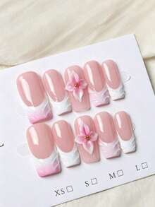10pcs/Set Square French Style Fake Nails Set, Two Flowers, Pink Decoration, Unique Craftsmanship, Bold Fashion. Suitable For Parties, Dancing And Daily Wear. Perfect Gift For Women And Girls. - Pink - View 2