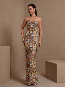 Elegant Sleeveless Open Shoulder Long Bow Formal Evening Gown For Women Wedding Party Fall - Apricot - View 1