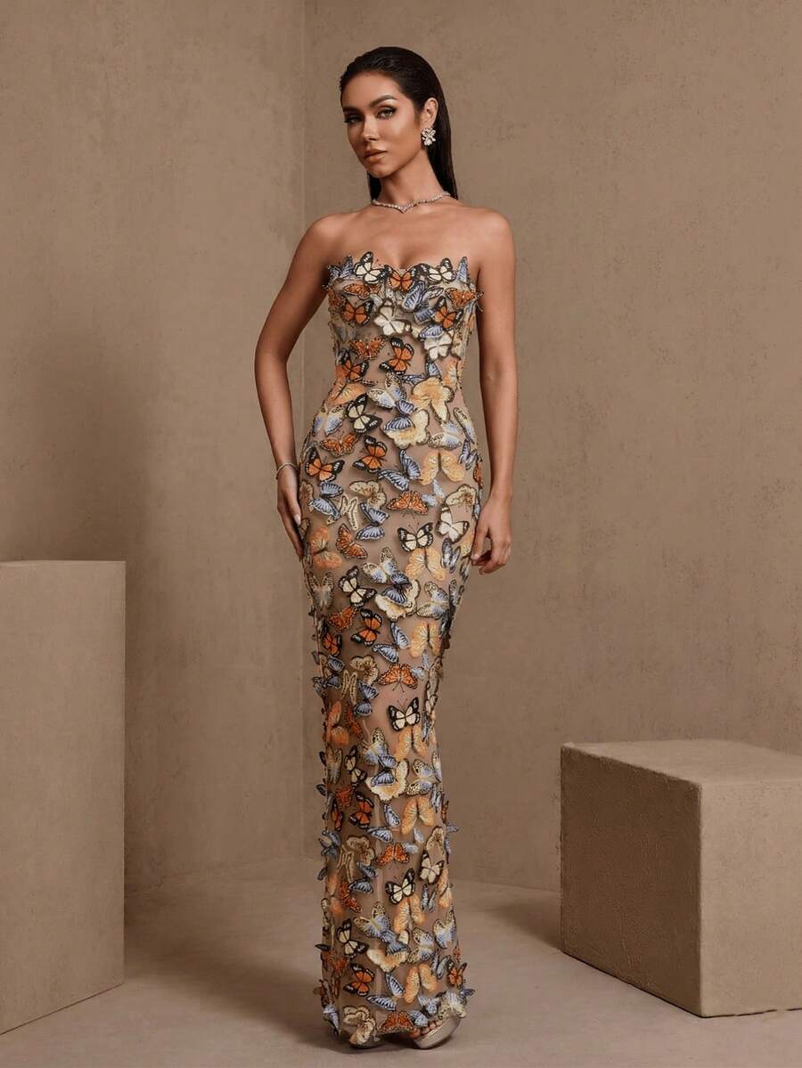 Elegant Sleeveless Open Shoulder Long Bow Formal Evening Gown For Women Wedding Party Fall - Apricot - View 1