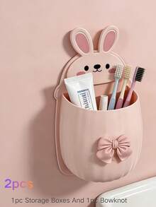 1pc Cute Rabbit Storage Rack + Bowknot Decoration, Space-Saving Wall-Mounted Toothbrush & Toothpaste Holder, Bathroom Decor Accessory - Multicolor - View 2