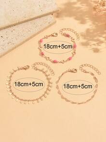 3pcs/Set Elegant Elegant Bracelet Hollow Four-Leaf Clover Pink Enamel With Water Drop Tassel Chain Fashion Versatile Gold Women's Hand Jewelry Suitable For Daily Wear And Dating Vacation - Multicolor - View 4