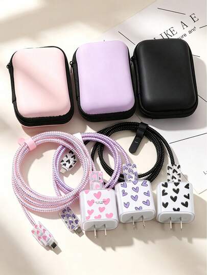 6 piezas Caja de almacenamiento de cables de carga, estuche protector, organizador de cables de datos, caja portátil anti-enredos con patrón de corazón, carcasa protectora para viaje y escritorio