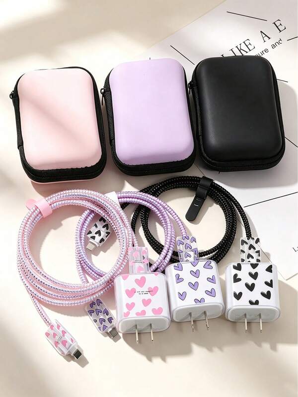 6 piezas Caja de almacenamiento de cables de carga, estuche protector, organizador de cables de datos, caja portátil anti-enredos con patrón de corazón, carcasa protectora para viaje y escritorio