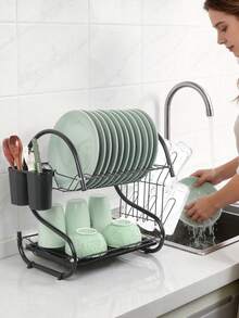 2-Tier Black Kitchen Dish Rack And Utensil Storage Rack, Rust-Proof Metal Material, With Automatic Drainage Tray, Built-In Cutlery Holder, For Drying Plates And Bowls, Space-Saving Kitchen Countertop Organizer - A - View 2