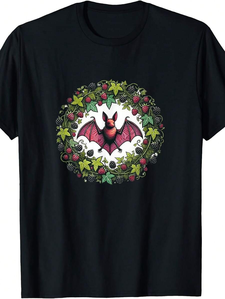 Illustration Of A Fruit Bat And Berries T Shirt - 黑色 - 查看 1
