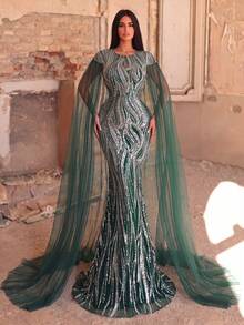 Faeriesty Haute Glamour Luxury Extra Long Sleeve Sequin Mermaid Hem Formal Dress Party Wedding Vacation Fall - Dark Green - View 4