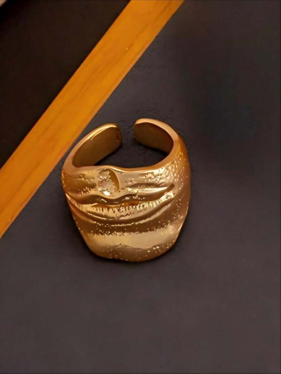 中世紀復古奢華金色唇形吊飾時尚紋理手鍊與戒指套組,派對與度假配件禮物 - 戒指 - 查看 1