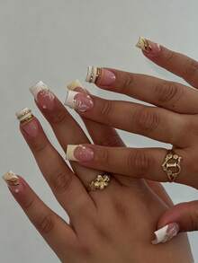 Transform Your Nails, 24pcs/Set Medium-Long Square Sweet Gentle Yellow & White French Gold Line With 3D Embossed Resin Flower, Gold Chain & Pearl Decor Press-On False Nails, Includes 1pc Jelly Glue And 1pc Nail File, Suitable For Daily Wear, Weddings, Parties And Holidays - Multicolor - View 1
