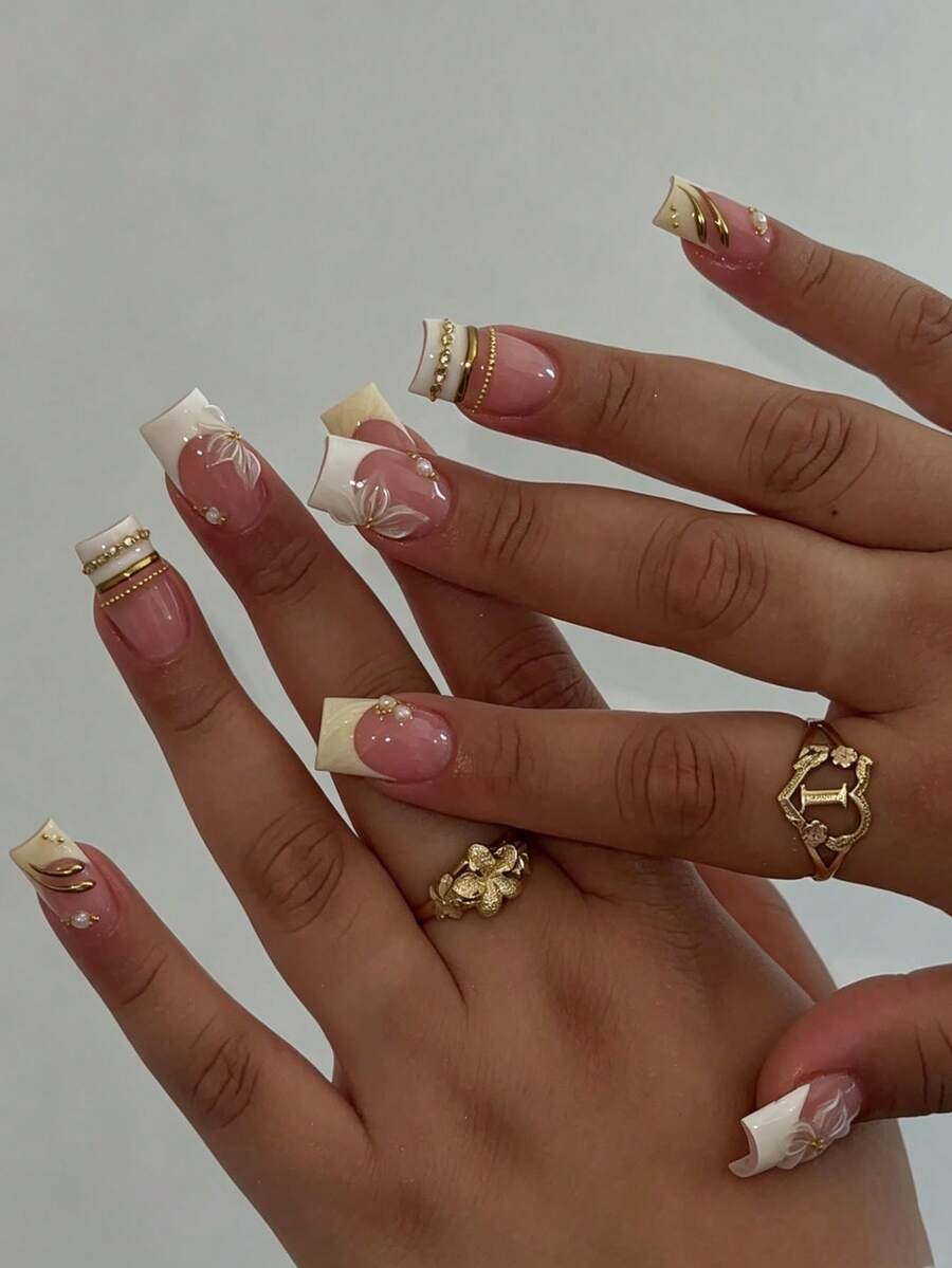 Transform Your Nails, 24pcs/Set Medium-Long Square Sweet Gentle Yellow & White French Gold Line With 3D Embossed Resin Flower, Gold Chain & Pearl Decor Press-On False Nails, Includes 1pc Jelly Glue And 1pc Nail File, Suitable For Daily Wear, Weddings, Parties And Holidays - Multicolor - View 1
