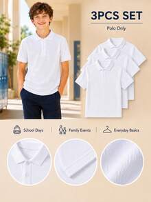 Teen Boys Classic Versatile 3-Pack White Short Sleeve Polo Shirts, Preppy Style, Suitable For School, Parties And Daily Wear - White - View 3