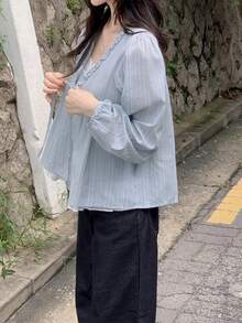 Korean Style Sweet Youthful Ruffle Petal Sleeve 2 In 1 Striped Loose Long Sleeve Blouse Top - Blue - View 4