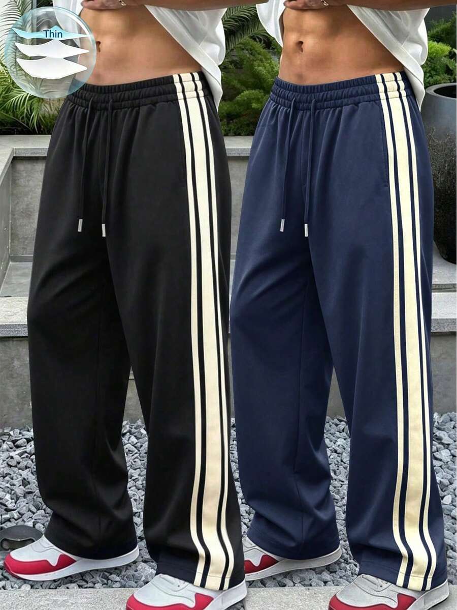 2件組男士條紋直筒寬鬆透氣運動長褲,適合健身、登山、度假、通勤的百搭夏季長褲 - 彩色 - 查看 1