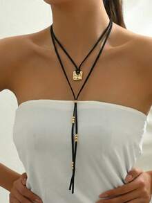 1pc Vintage Black Rope Necklace With Geometric Square Pendant And Multiple Spherical Metal Multi-Layer Y-Shaped Necklace, Suitable For Daily Wear, Gifts, Vacation And Party, Women's Necklace - Golden - View 5
