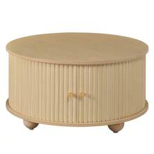 Round Coffee Table, Living Room Table, Vertical Relief Structure, Two Sliding Doors, MDF Frame, Metal Handles, Spherical Metal Feet, Four Separate Storage Compartments - 自然色 - 查看 1