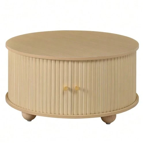 Round Coffee Table, Living Room Table, Vertical Relief Structure, Two Sliding Doors, MDF Frame, Metal Handles, Spherical Metal Feet, Four Separate Storage Compartments - 自然色 - 查看 1