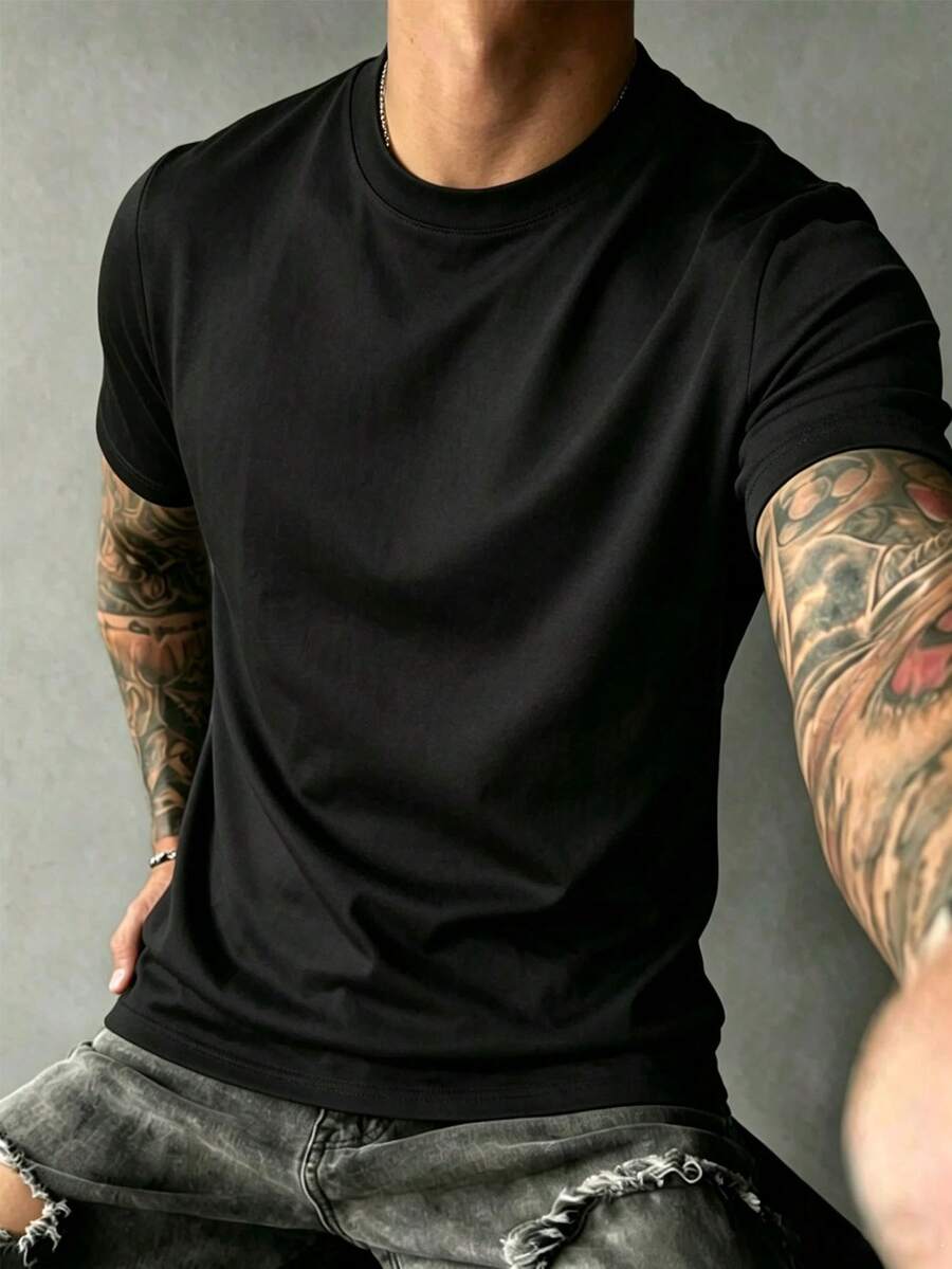 Fathers Day Gift Casual Comfortable Solid Color Crew Neck Short Sleeve T-Shirt, Versatile For Summer - Black - View 1