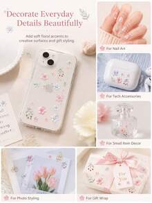 1 Set Decorative Stickers With Tweezers, Aesthetic Style, Exquisite Embroidery-Like Macaron Color Spring Floral Pattern, Suitable For Laptop, Phone Case, Camera, Tablet, Water Bottle, Storage Box, Furniture And Metal Decoration - Pink and Blue Floral Stickers - View 3