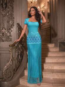 Modphy European & American New Heavy-Duty Gold Foil Rhinestone Decorated High-End Tassel Spliced Bodycon Dress, Elegant Women's Birthday Party Wedding Fall - Blue - View 2